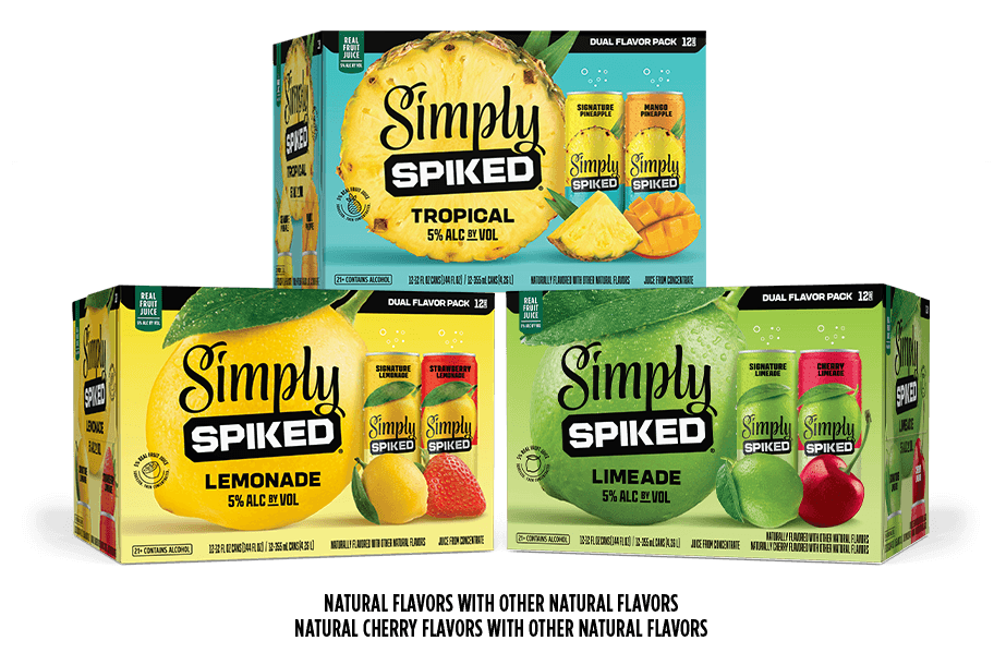 Simply Spiked drink packs showing Tropical, Lemonade, and Limeade flavors with fruit images